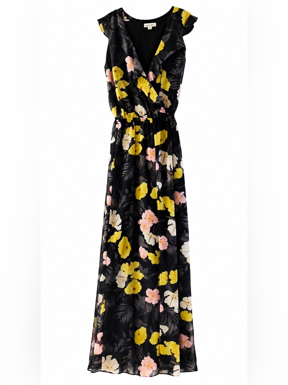 Bar III Black Floral Sleeveless Wrap Maxi Dress with Yellow and Pink Blooms